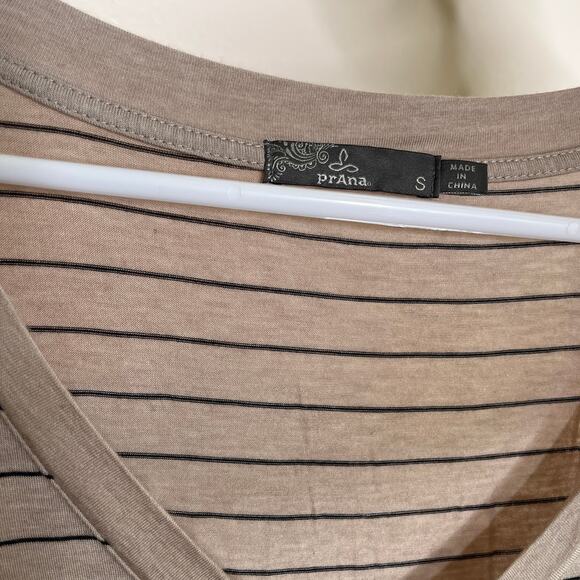 prAna Striped V Neck Midi T Shirt Dress Womens Size S Taupe Gray Ruched Stretch - Picture 7 of 7